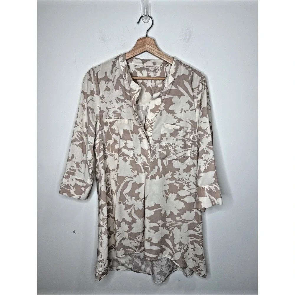 Soft Surroundings Floral Popover Tunic Top 3/4 Sleeve Boho Artsy‎ AOP Neutral M